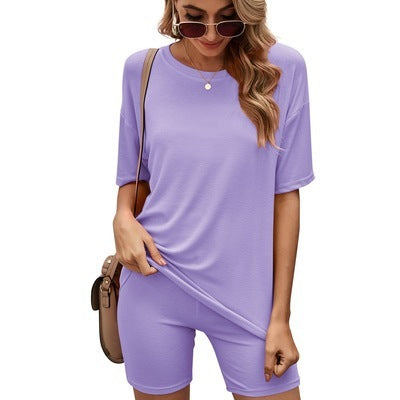 Crew Neck Top And Tight Shorts Sports Suit